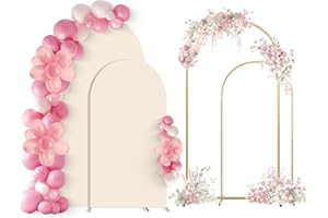 SuuWoee Arch Backdrop Stand Set of 2 With Beige Cover (7.2FT+6FT),Gold Metal Wedding Arch Balloon Stand With Cover for Birthd