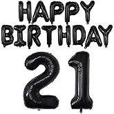 Happy Birthday Balloon Banner 40 inch 21 or 12 Balloon Number 16 Inch Happy Birthday Letters Balloons Black Foil Mylar Balloons for 21st 12th Birthday Decorations Party Supplies