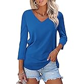 Minetom Women's V Neck 3/4 Sleeve T Shirt Solid/Color Block Casual Basic Tops Summer Tees