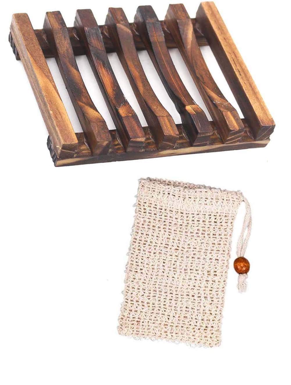 NT-ling 1 Pack Soap Dishes &1PCS Soap Bags, Wooden Soap Dish Holder for Kitchen Bathroom, Plastic Free Sisal Exfoliating Soap Bag Soap Saver Pouch for Face Body Shower