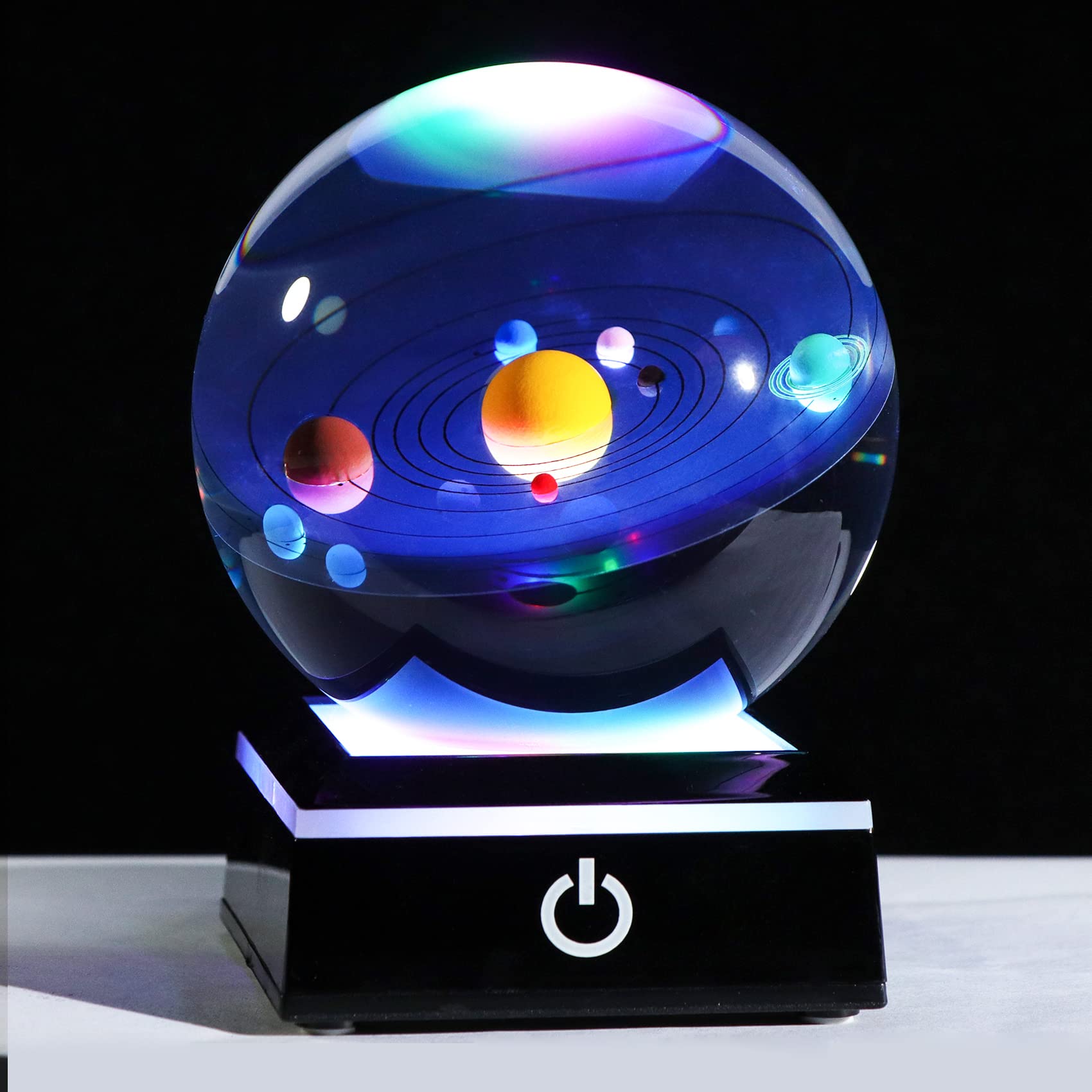 Movdyka 3D Colorful Solar System Crystal Ball with Lights Base Astronomy Gifts for Men Kids, Glass 8cm Planets Model Globe Science Universe Ornaments for Son Celestial Decor