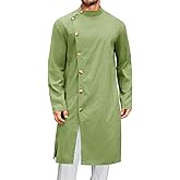 Runcati Mens Kaftan Thobe Button Down Long Sleeve Robe Casual Henley Shirt Cotton Muslim Gown Kurta Tops