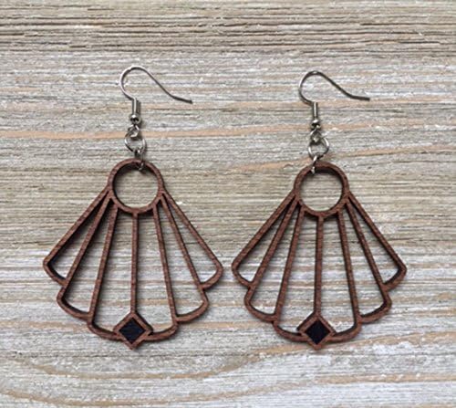 Elegant Fan Shape Solid Wood Earrings from Reclaimed Stained Maple with Black Maple Insert
