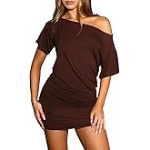 OOQONQ Women's Off The Shoulder Short Sleeve Casual Bodycon Mini Dress 2025 Summer Club Party Cocktail T Shirt Dresses
