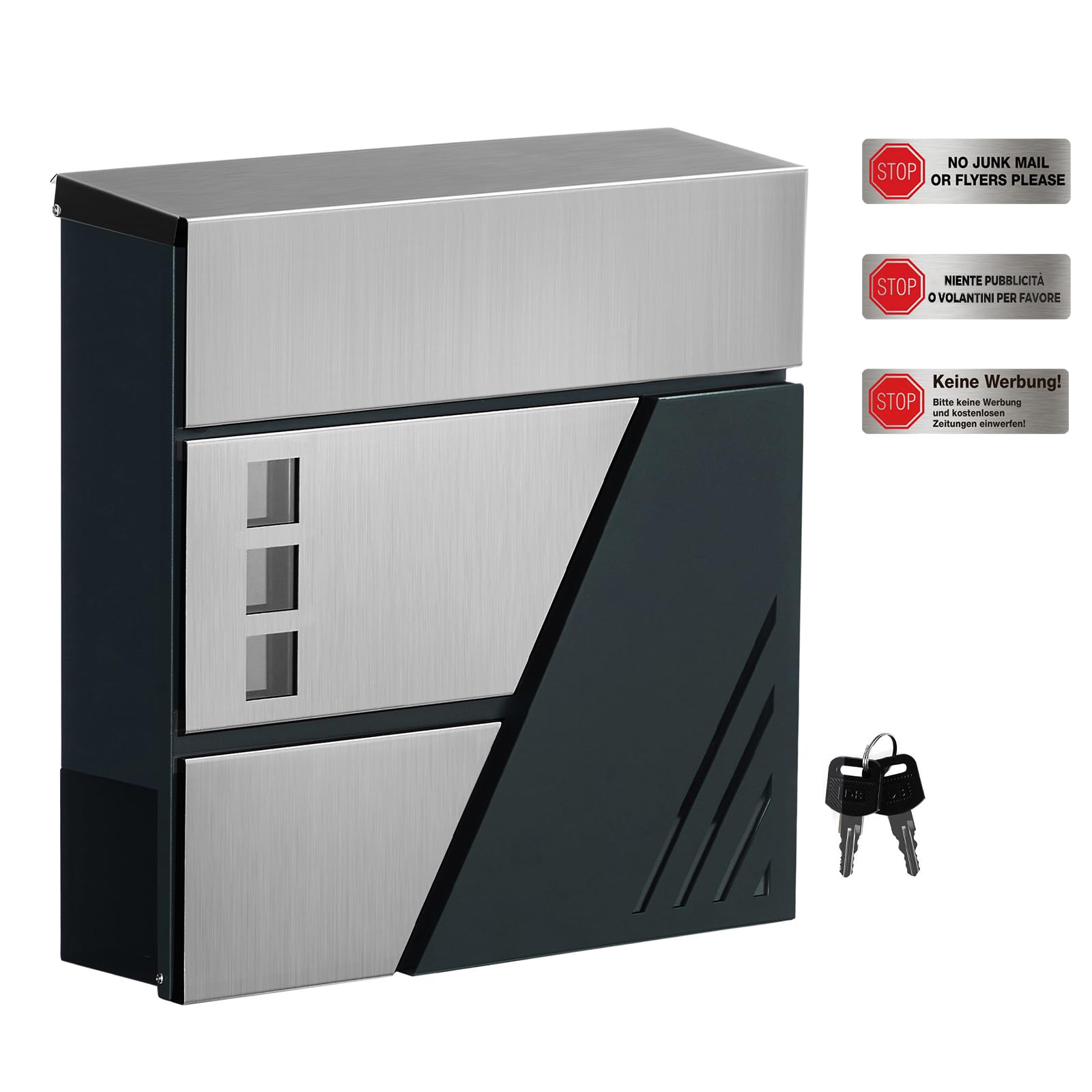 SONGMICS GMB053G01 Wall Mounted Letter Box with Viewing Windows, Stainless Steel, for Gate, Front Door, with Lock and Keys, Silver and Charcoal Grey