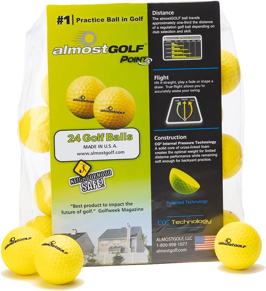 AG AlmostGolf Balls - Limited Flight Practice Golf Balls - (24 Pack, Yellow) - Almost Golf Balls Foam Golf Training Aids for Indoor Or Yard Practice - Includes 24 AlmostGolf Balls W/ 5 Liberty Tees