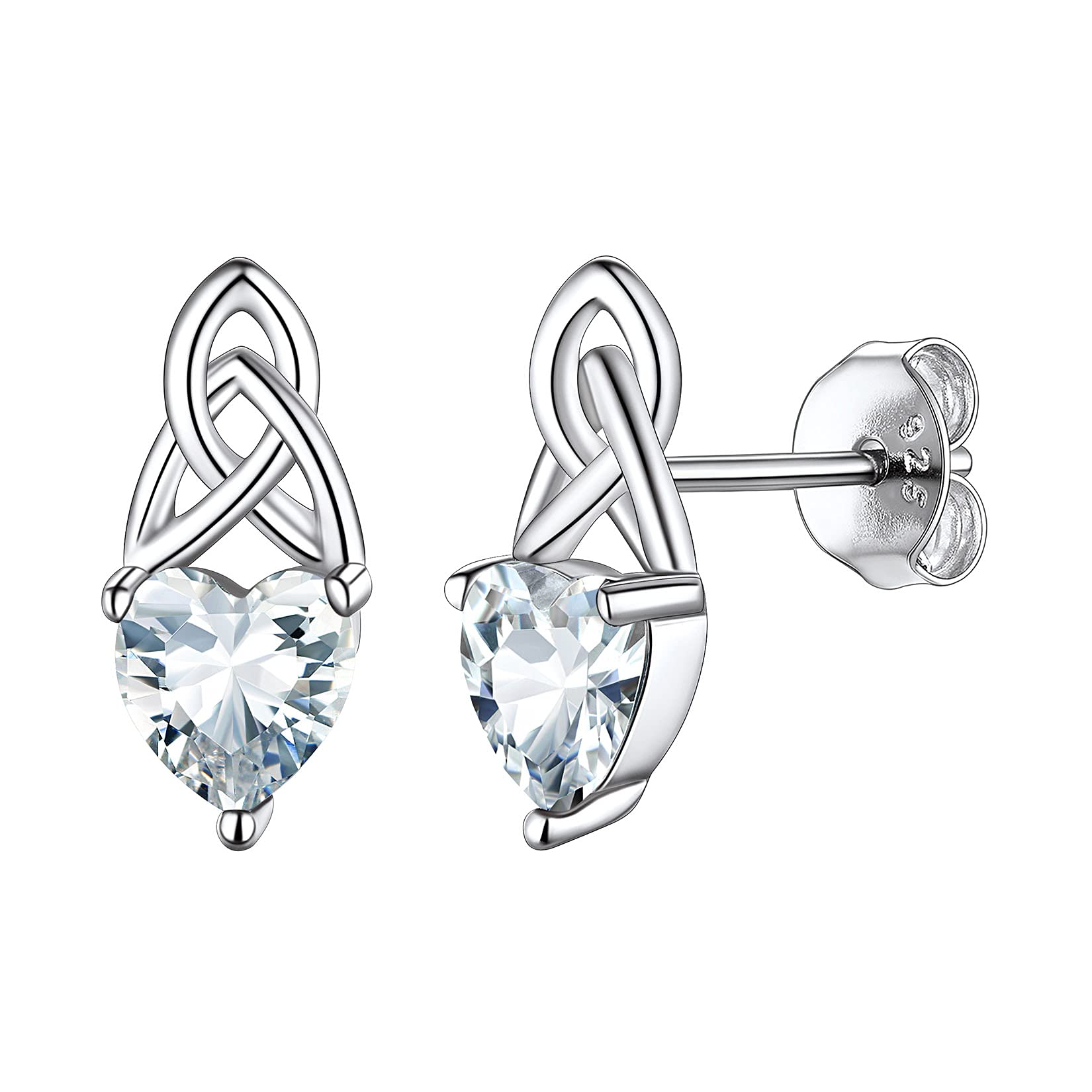 925 Sterling Silver Dainty Cute Hypoallergenic Comfy Triquetra Celtic Knot Love Heart Crystal Cubic Zirconia CZ April Birthstone Stud Earrings Irish Jewelry for Women Girls