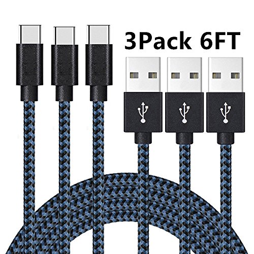 TYPE C Charger Cable, VPR Nylon Braided USB Type C Long Cord-usb Data Charging Cable for Galaxy S8, S8 Plus, LG G6, ZTE Zmax Pro Z981, HTC 10 and More USB Type C Devices (Black+Blue3Pack 6FT)