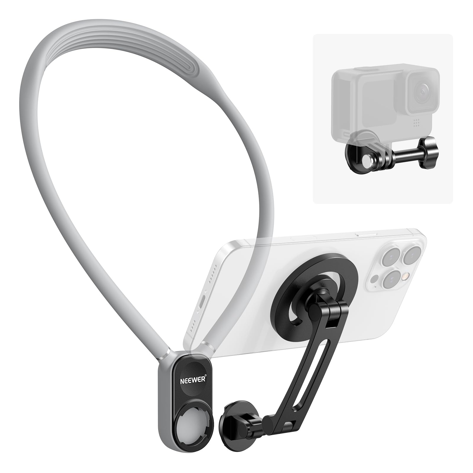 NEEWER Magnetic Neck Holder for Action Camera Phone Hands Free Neck Tripod Chest Mount Compatible with GoPro DJI Insta360 iPhone15 Android Neck Phone Holder for POV Vlog, Gray, GP16