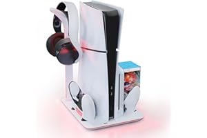 HONCAM Cooling Stand for PS5 Slim Console, Dual Controller Charging Station with 7 RGB Light for PlayStation 5 Slim Console Disc & Digital, PS5 Accessories Incl. Headset Holder, 5 Game Slots, White