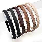 Springtime 6pcs Braided Plastic Headbands for Women and Girls, 12mm Width Pigtail Hairbands with inner Teeth, Multi-Color Pack, Black, Brown, Tan, Beige