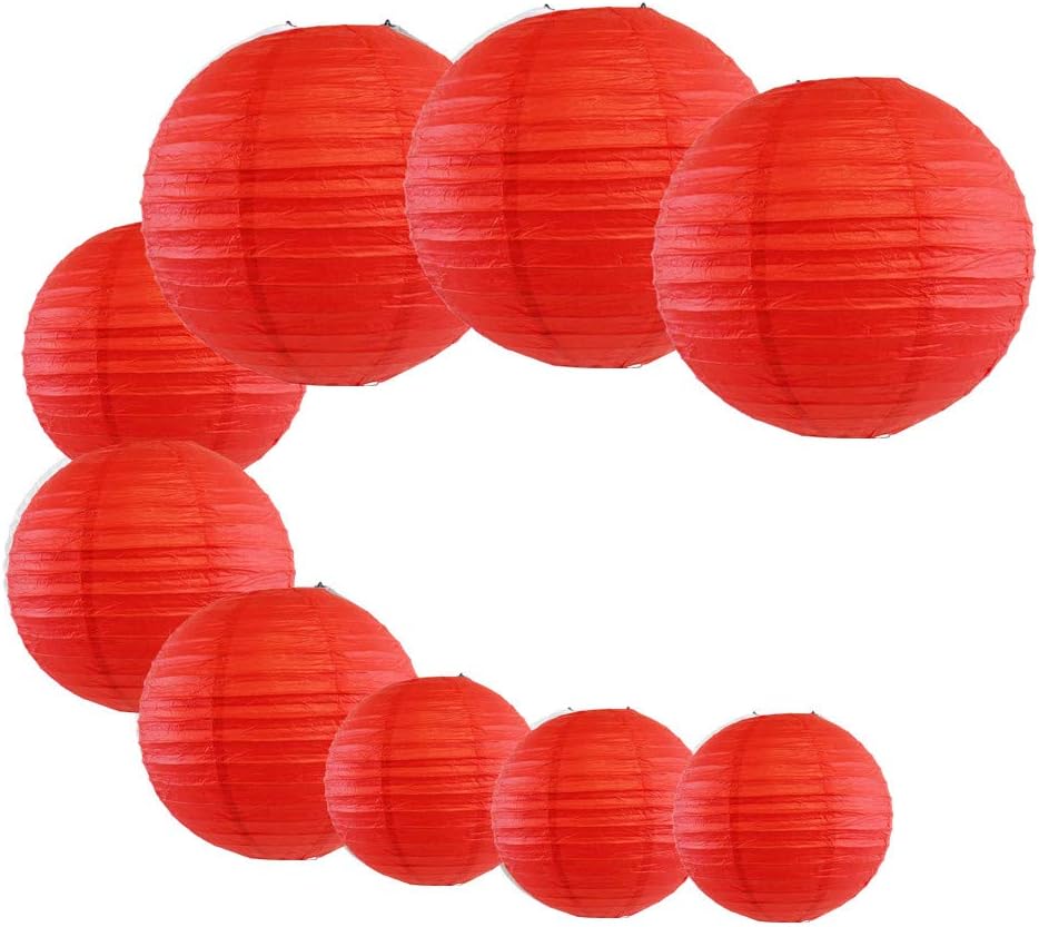 LACGO 9pcs/Set Wedding Birthday Party Favor Chinese 8''10''12'' Round Paper Lanterns, Festival Carnival Celebration Activity Supplies, Perfect for Home Garden Patio Decor(Red)