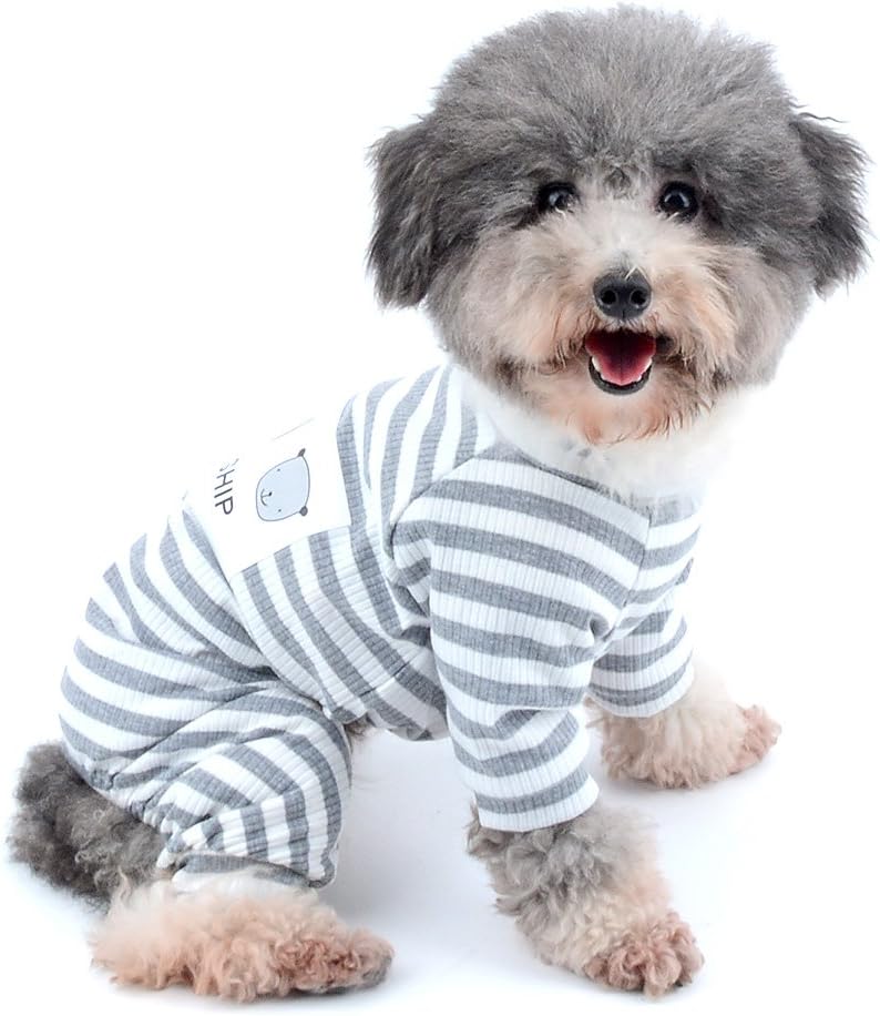 Ranphy Small Dog Stripe Pajamas Winter Comfy Cotton Pet Clothes Puppy Outfit Cat Apparel Doggy Pyjamas PJS Shirt Yorkie Jumpsuit Boys for Summer Autumn Gray Size L - Image 4