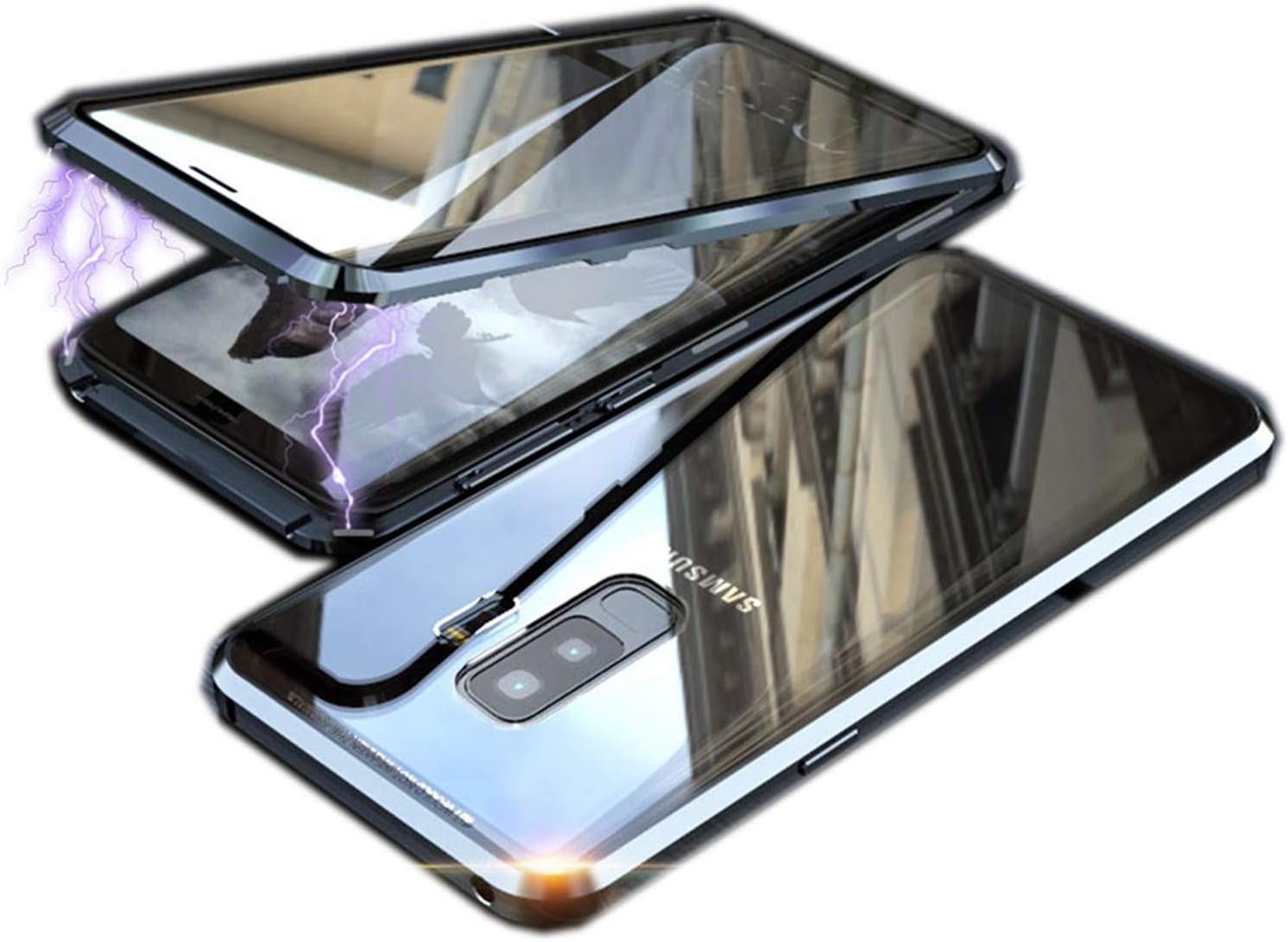 Magnetic Adsorption Case for Galaxy Note 9 Clear Glass Double Sided Clear Front and Back Tempered Glass Full Body Protection Shockproof Case (Black)
