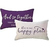 ULOVE LOVE YOURSELF Home Saying Throw Pillow Covers with Our Happy Place Quote Rustic Farmhouse Decor Lumbar Pillow Cases 12" x 20",2Pack Housewarming Gifts for Sofa/Couch/Porch (Purple)