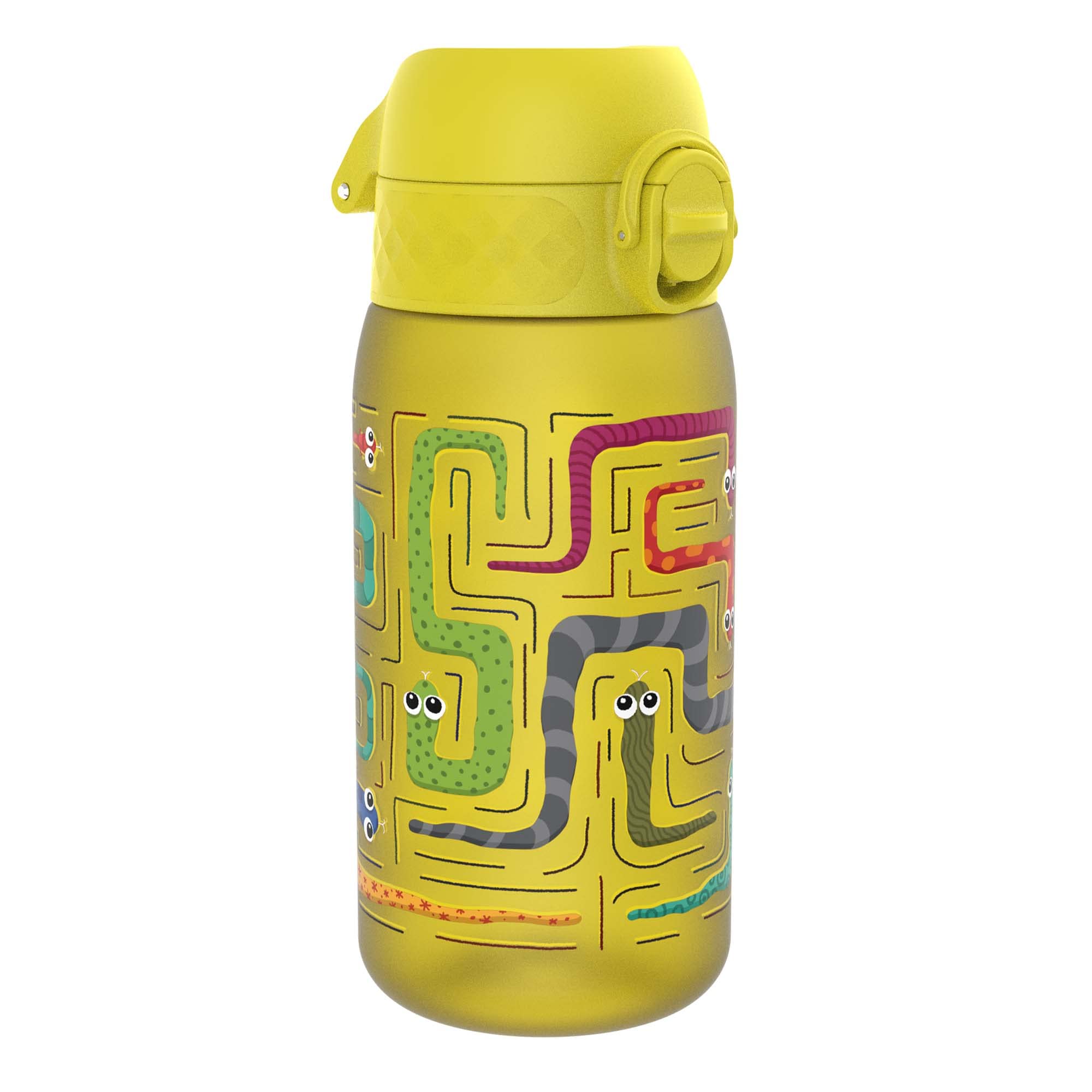 ION8 Kids Water Bottle, 350 ml/12 oz, Leak Proof, Easy to Open, Secure Lock, Dishwasher Safe, BPA Free, Carry Handle, Hygienic Flip Cover, Easy Clean, Odour Free, Carbon Neutral, Yellow, Snakes