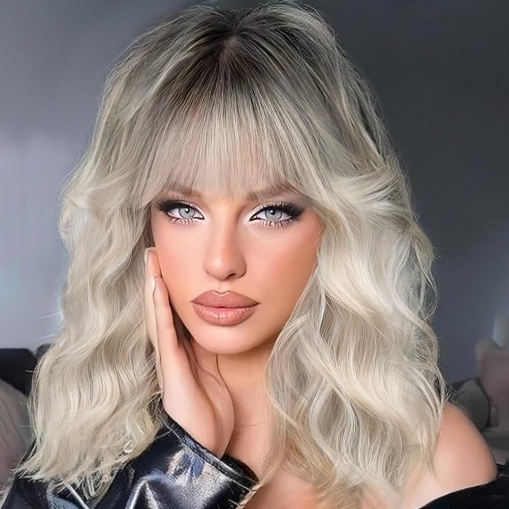 Colorfulpanda Short Platinum Blonde Wavy Bob Wigs with Fringe for Women Shoulder Length Wig Natural Looking Synthetic Hair Ombre Silver Blonde With Dark Roots For Daily Wear or Costume — image 1