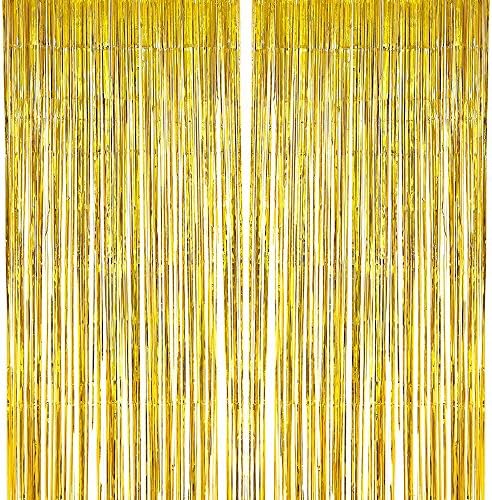 FUNPRT 3.2 FT x 9.8 FT Gold Metallic Tinsel Foil Fringe Curtains Wedding Birthday Party Baby Shower Decoration (Gold,Pack of 2)
