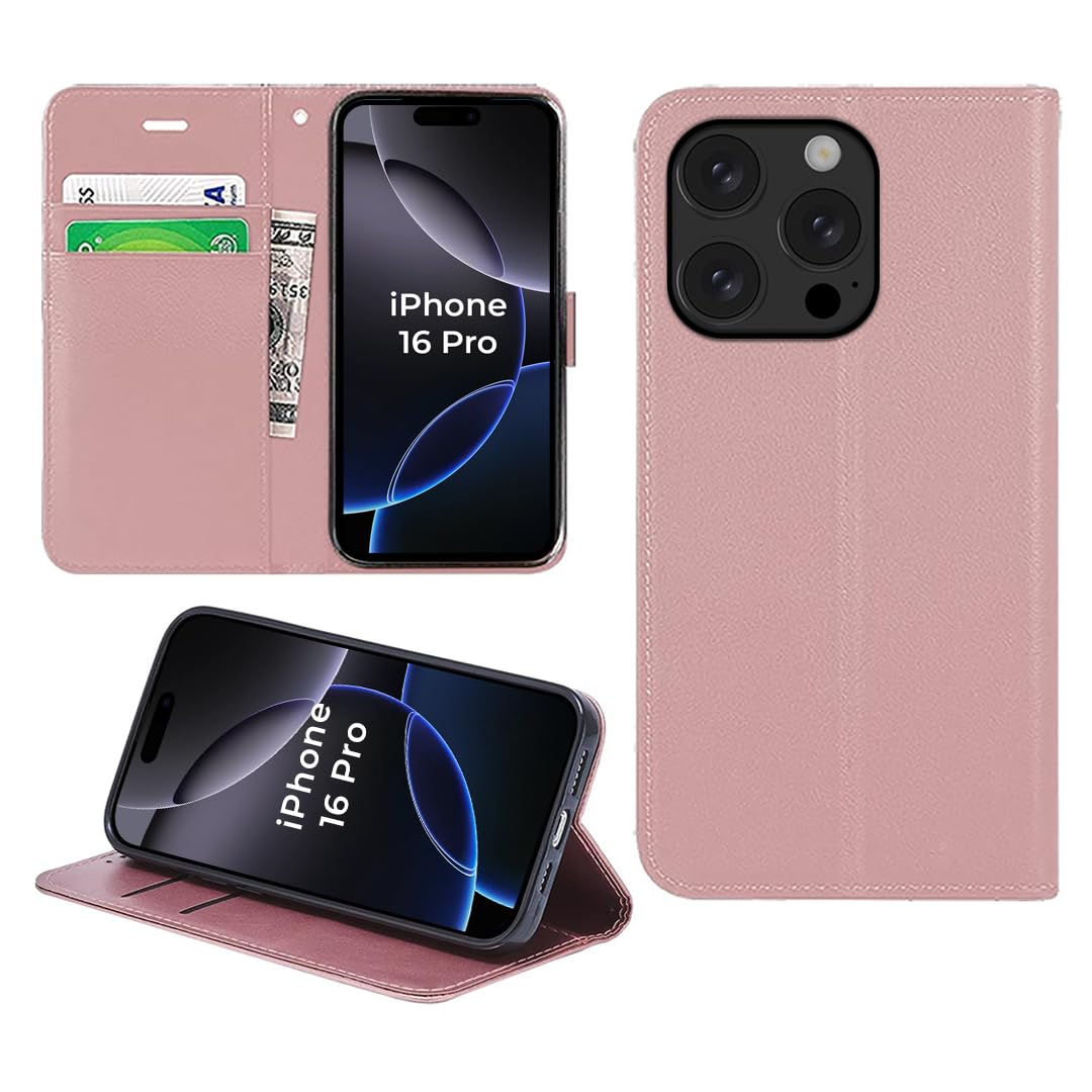 DN-Technology For iPhone 16 Pro Case Flip Wallet [Card Holder] [Magnetic Closure] [Kickstand] PU Leather Shockproof Phone Cover 6.3 inch (ROSE GOLD)