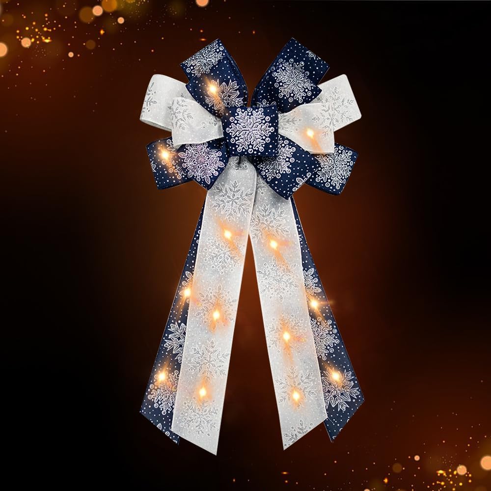 Bows & Ribbons - Large Christmas Wreath Bows with Mini LED Strip Christmas Navy Blue Snowflake Ribbon Bows for Wreath, Tree Topper Bows for Xmas New Year Home Indoor Outdoor Party Decoration Wreath Ornament Supplies