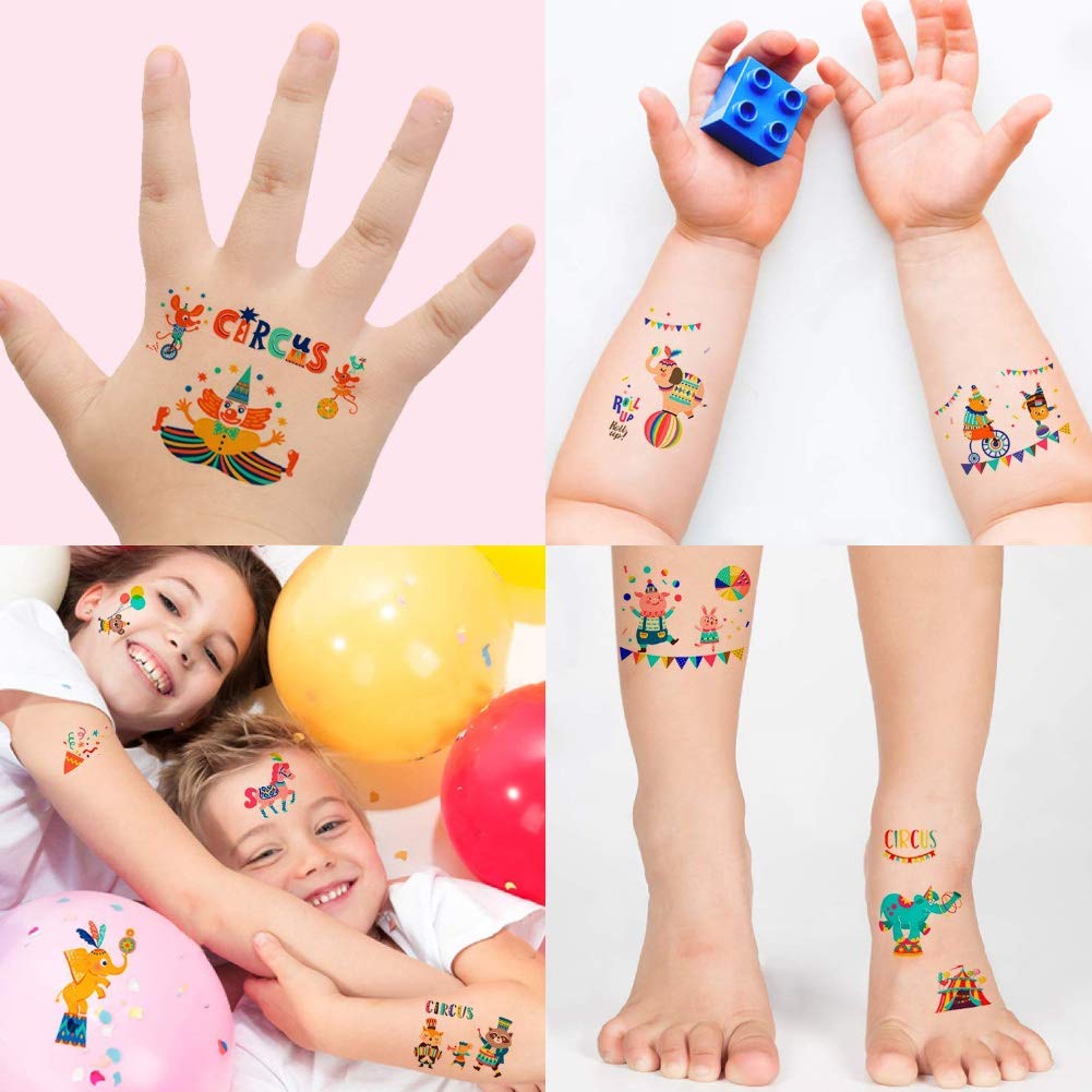 Koogel Zirkus Tattoos Set, 22 Blätter Konsait Kindertattoos Set Kinder Tattoos Aufkleber für Mädchen Jungen Kinder Spielen Kindergeburtstag Mitgebsel (222 Tattoos)