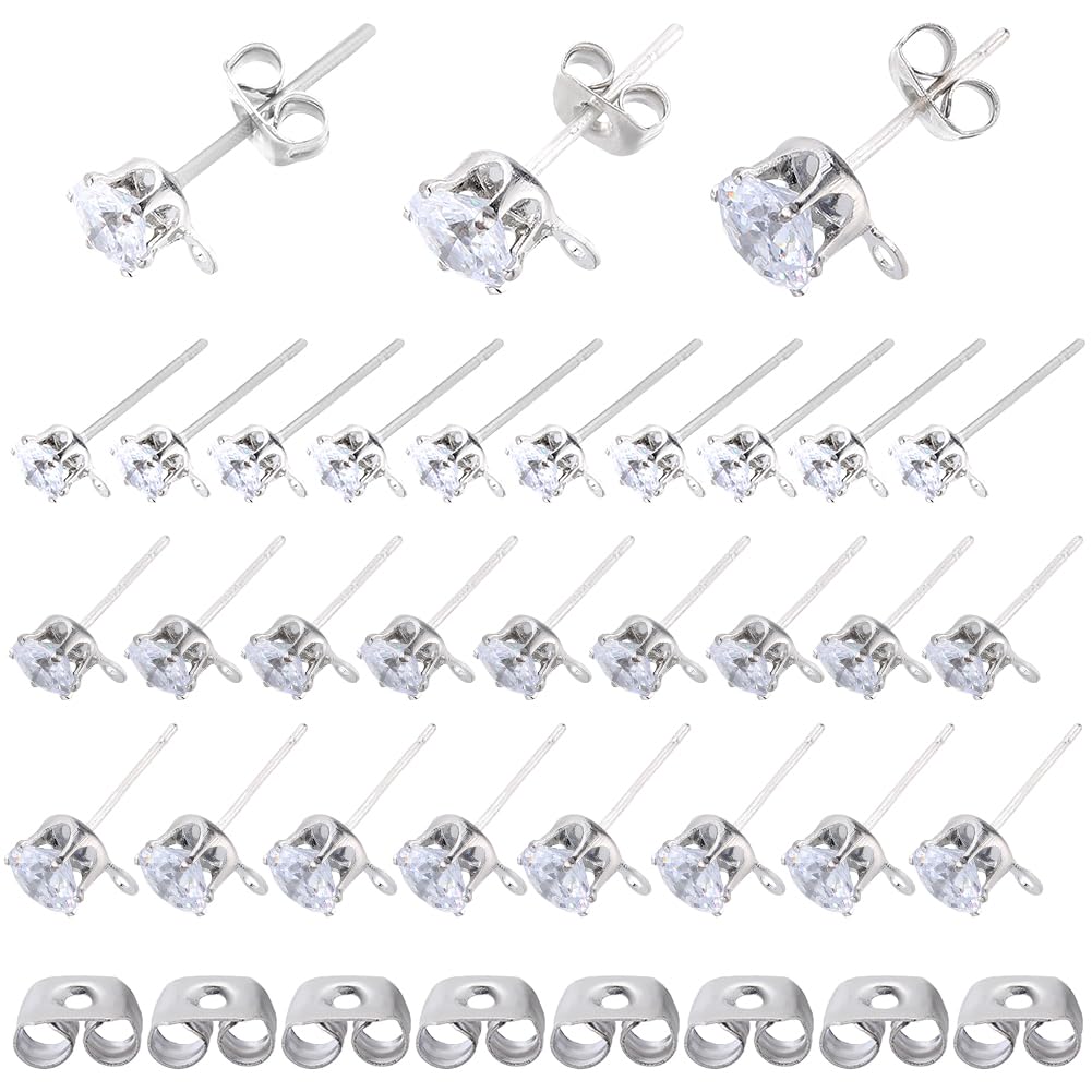 SOFPLATE 1 Box 60Pcs 3 Sizes Rhinestone Earring Post Stud Earrings with Loop 60Pcs Brass Ear backs 925 Sterling Silver Plated Pins Cubic Zirconia Earring Studs Findings for jewellery Making Supplies