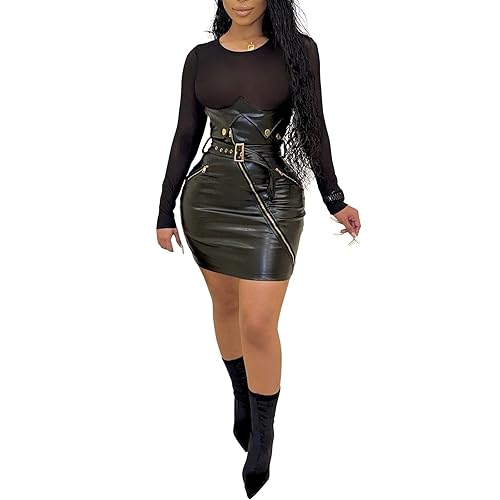sedmoda Women Sexy Faux Leather Mini Dress Sheer Mesh Patchwork Long Sleeve  Bodycon Dresses Party Club Outfits Black in Kenya | Whizz Club