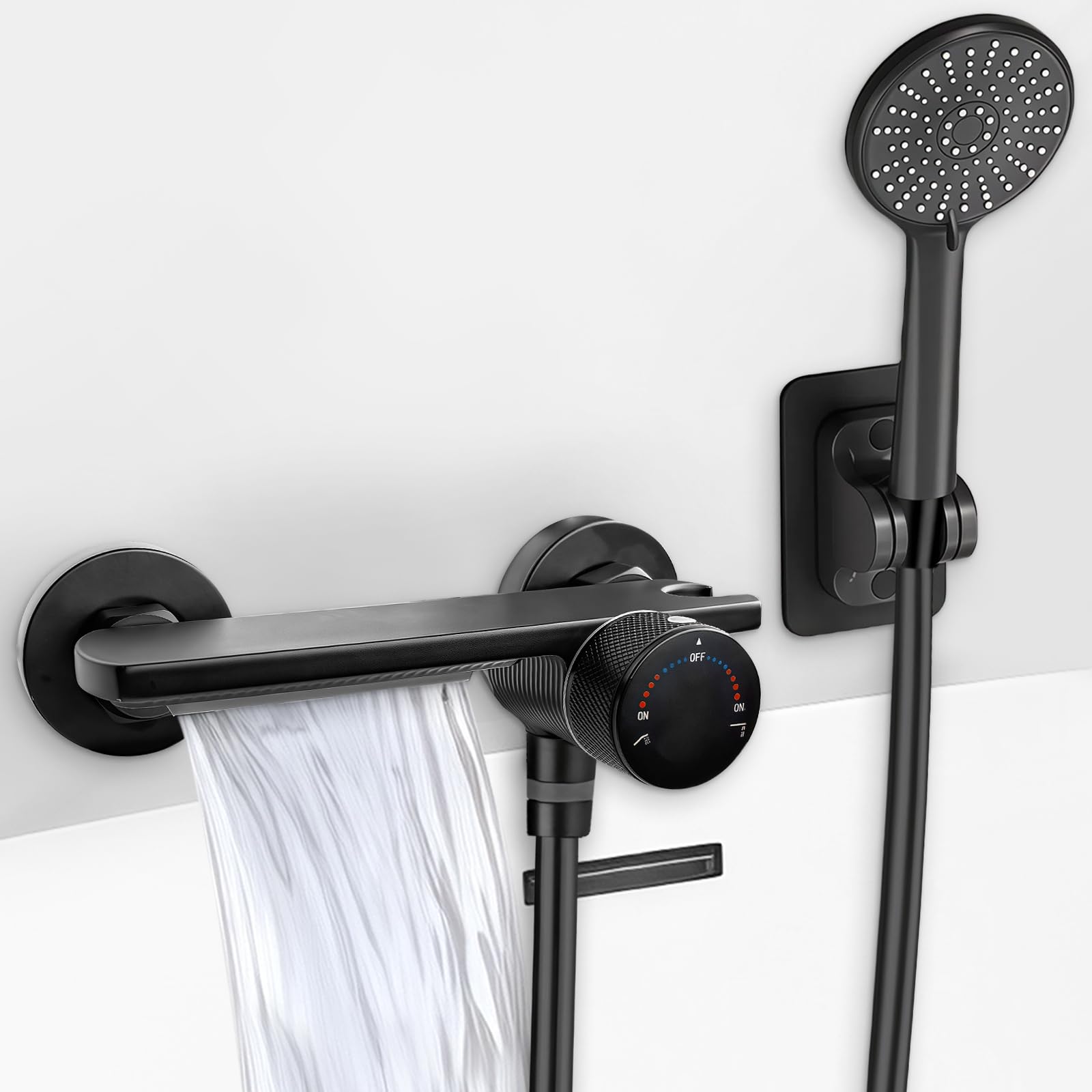 Bath Tap with Hand Shower, Waterfall Tap Bathtub, Bath Fittings with Shower, 1.5 m PVC Hose and Wall Mount, Brass Mixer Tap Shower with 5 Functions, Bath Tap