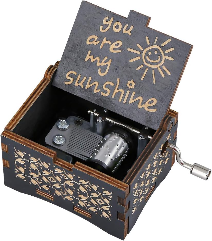 You are My Sunshine Wood Music Boxes, Home Decoration Crafts Toys Box, Hand Crank Antique Laser Engraved Vintage Wooden Musical Classic Gifts for Birthday/Christmas/Wedding/Valentine's Day (Black）