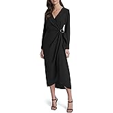 DKNY Womens Long Sleeve Surplice Neck Faux Wrap Midi Dress