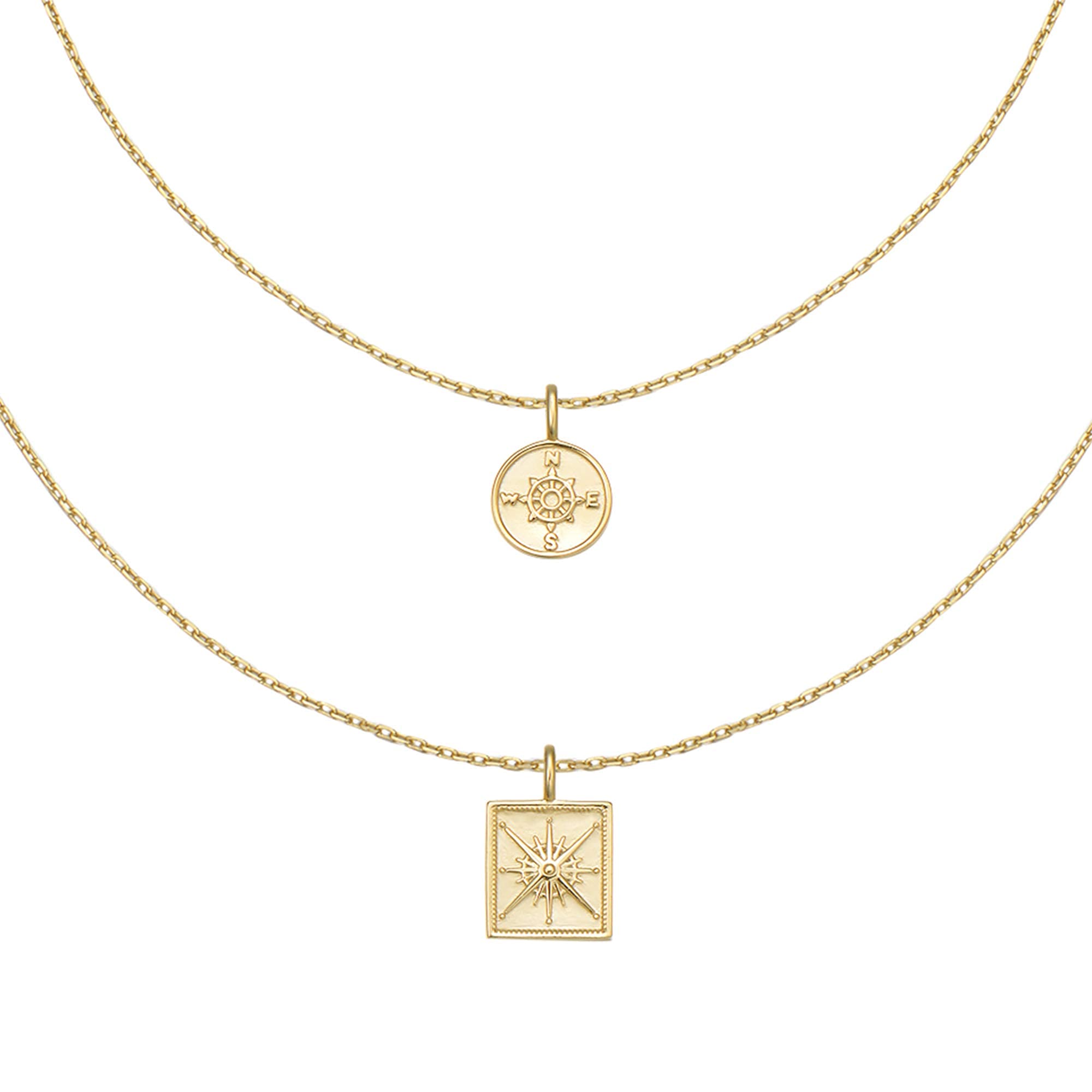 AGVANA Women Layered Necklaces, 14K Yellow Gold Plated 925 Sterling Silver Coin Compass Pendant Necklace Dainty Jewelry Gifts for Women Her Girls Girlfriend Wife Friend Sister, 16+2 Inch Extender