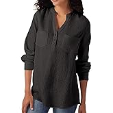 Womens 100% Cotton Tunic Long Sleeve V Neck Gauze Shirt Casual Work Lounge Blouse Tops