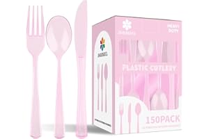JSQBSECL 150 Pack Plastic Silverware,Disposable Cutlery Set Heavy Duty Utensil Sets 50 Forks 50 Knives 50 Spoons for Brithday, Wedding,Home Office School Party Picnics (Pink Clear)