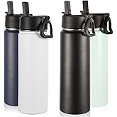 Volhoply Insulated Water Bottles with Straw Bulk 4 Pack, 22 oz Stainless Steel Sports Bottle with Handle Lid,Double Walled Vacuum Metal Water Cups with Wide Mouth, Reusable Waterbottle(Mix,4 Set)