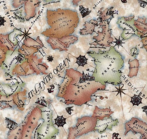 Map Oceans Continent on Beige Fat Quarter