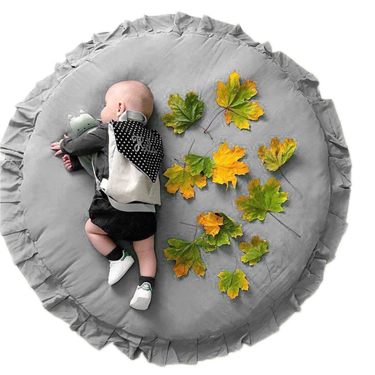 FAMKIT Baby Creeping Mat, Round Ruffled Cotton Crawling Mat, Infant Game Activity Floor Mat with Cute Flower Edge, Children Playmat with Frill Rim, for Room