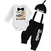 Fuethsuy My 1st Halloween Newborn Baby Boy Clothes Print Long Sleeve Romper Overalls Pants Set Hat 3Pcs Fall Gentleman Outfit (Black, 3-6 Months)