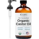 C CARE Organic Castor Oil 100% Pure Cold Pressed Unrefined 16oz | Glass Bottle, USDA Organic, Hexane Free, Extra Virgin, For Skin, Hair Growth, Eyebrows, Eyelashes