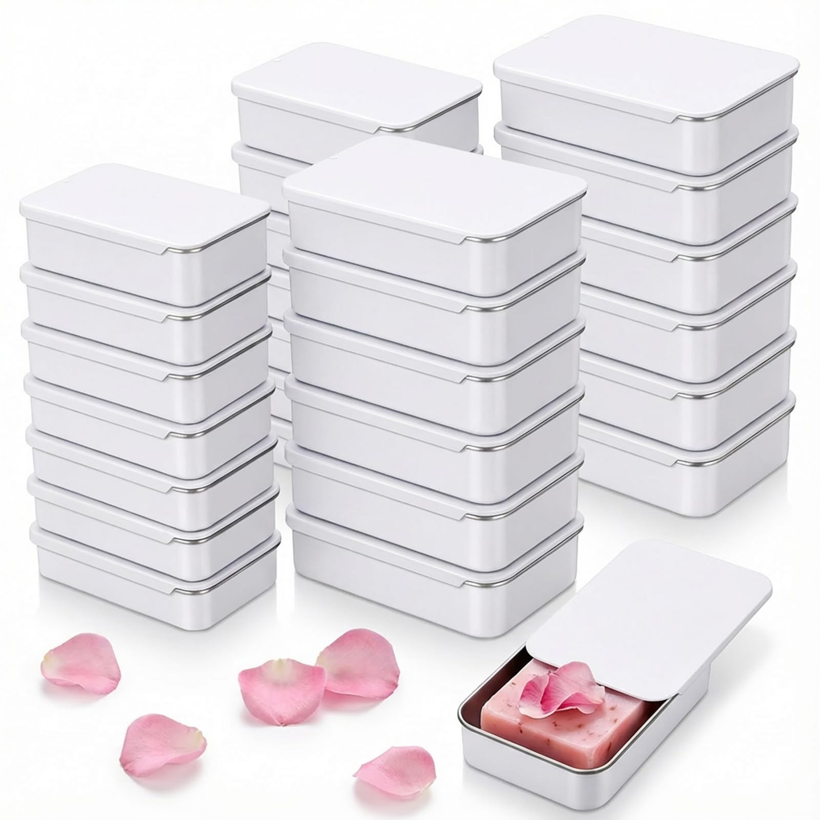 Goodma 24-Pack Rectangular Metal Slide Top Tin Containers for Candies Jewelry Crafts Pills Lip Balm Storage Survival Kit, Mixed Sizes (White)
