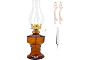 RNUIE Kerosene Oil Lamp,1 Vintage Kerosene Lamp,1 Tweezers and 2 Wicks,Glass Hurricane Lantern for Indoor Lighting Decoration Outdoor Camping Use (Brown)