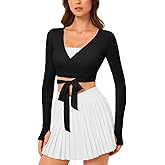 Pilates Wrap Top for Women, Cropped Workout Tie Tops with Long Sleeve & V Neck, Slim Fit Yoga Layering Shirts