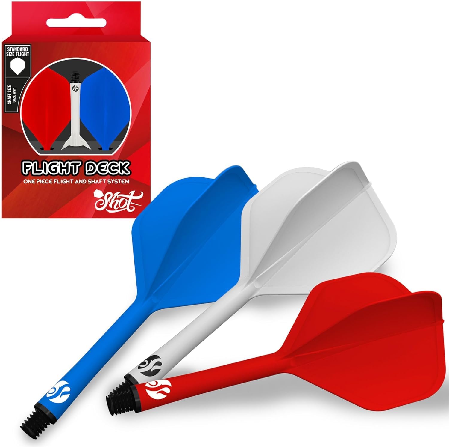 Shot! Darts Flight Deck One Piece Dart Flight and Shaft System, Reduced Deflections, Standard Shaped Flight (350 Micron), Available in Set of 3 (Red Blue White, Short)