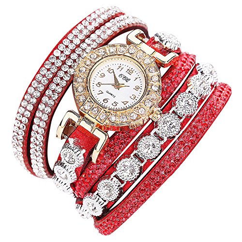 Start Women Multilayer Bracelet Rhinestone Leather Casual Watch -CCQ (Red)