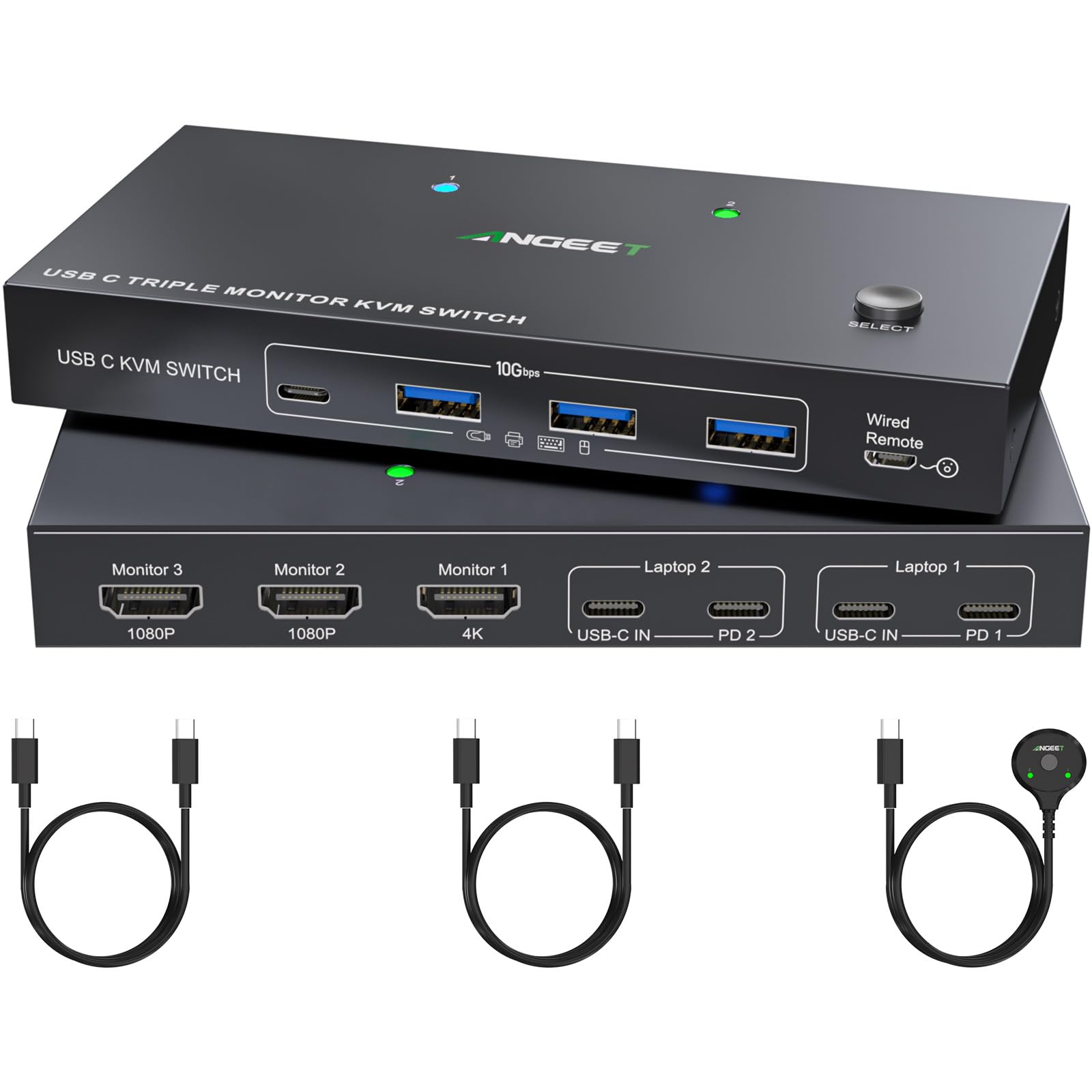 Photo 1 of USB C KVM Switch 3 Monitors 2 Computers 4K/1080P@60Hz,USB-C Triple Monitor KVM Switches with 4 USB3.2 Ports for USB Device,10Gbps,80W PD Charging,For Windows and Mac OS,Driver Installation is Required