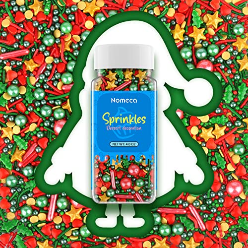 Nomeca Christmas Sprinkles for Cake Decorating - Star Cake Sprinkles Cupcake Sugar Sprinkles Mix for Holiday Cookie Sprinkles Jimmies for Ice Cream Edible for Children Red Green Gold Sprinkles - 4 oz