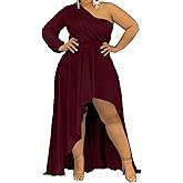 Ekaliy Women's Plus Size One Shoulder Maxi Dress Long Sleeve High Low Irregular Hem Flowy Long Party Cocktail Dress