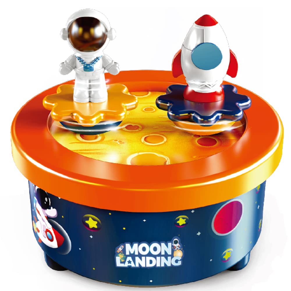 WEofferwhatYOUwant Moon Landing Music Box Wind-Up Astronaut & Rocket Figures on Lunar Base No Batteries Required Fly Me to the Moon Melody Spinning Cake Topper & Kids Room Decor Space-Themed Gift Idea