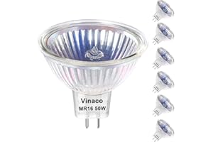 Vinaco MR16 Bulb，6 Pack MR16 Halogen Bulb 50W GU5.3 Base, 800LM High Output MR16 12V 50W Halogen, 2800K Warm White MR 16 Dimm