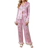 Cjfdfy Feather Pajamas for Women, Long Sleeve Button Up Shirt and Pants 2 Piece Pj Set Trendy Nightwear Sleepwear Outfits