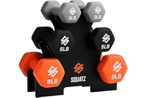 SQUATZ Dumbbell Weights Set with Stand, 32/20 Lbs Neoprene Coated Weights in Color Gray, Black, and Orange, Hex Shape Anti Slip and Roll Dumbbells for Exercise,Training, Fitness, Yoga for Men & Women